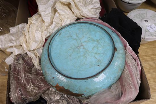 An 18th century enamel bowl and mixed enamel cloisonne wares largest diameter 25.5cm